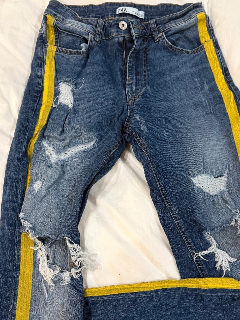 Zara Dark Blue Distressed Straight Leg Jeans with Yellow Side Stripe